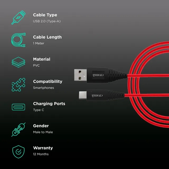 Type A to Type C 3.3 Feet (1M) Cable (Dash & Warp Protocols, Red)