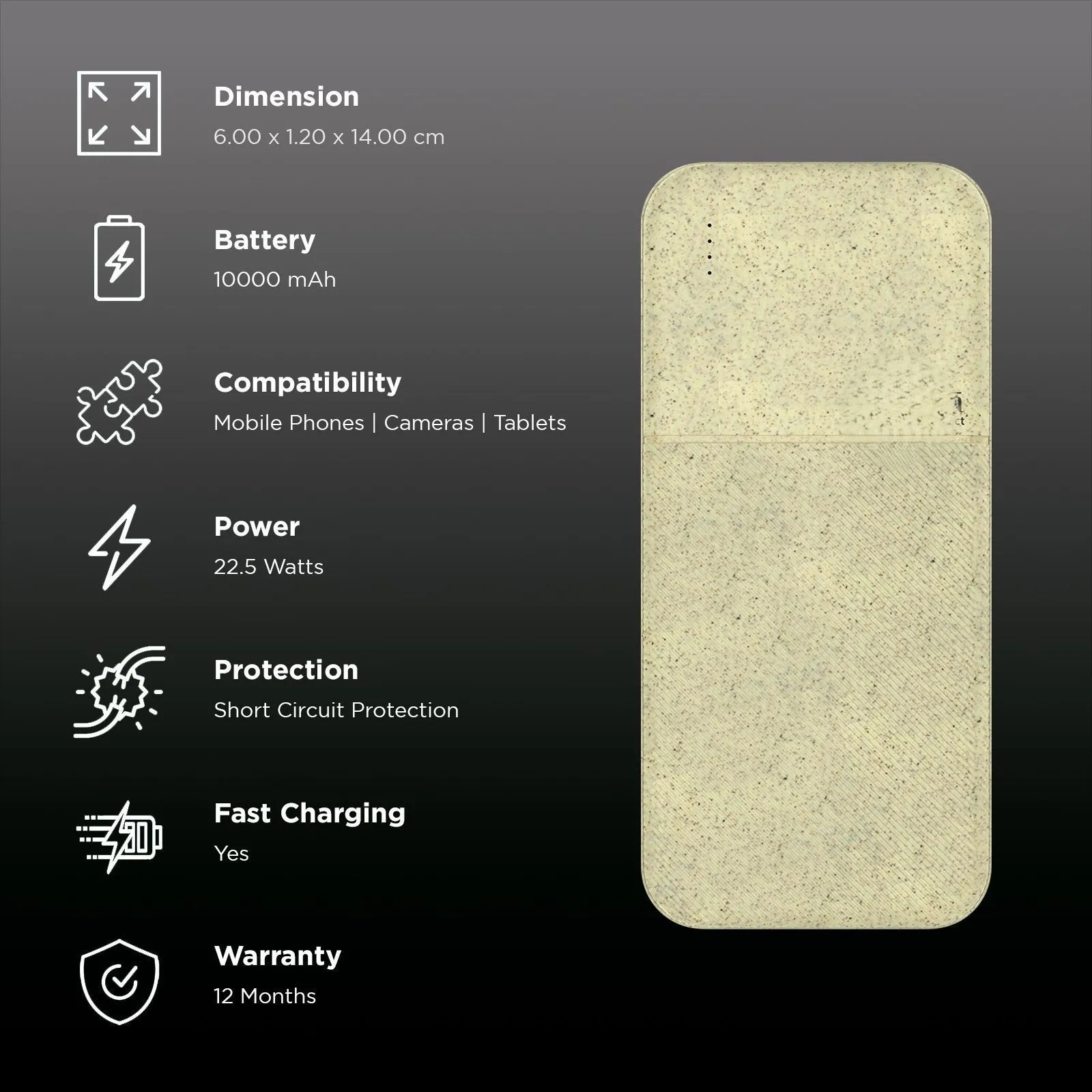 10000 mAh 22.5W Fast Charging Power Bank (2 Type A & 1 Type C Ports, Recycled Plastic Casing, Short Circuit Protection, Brown)